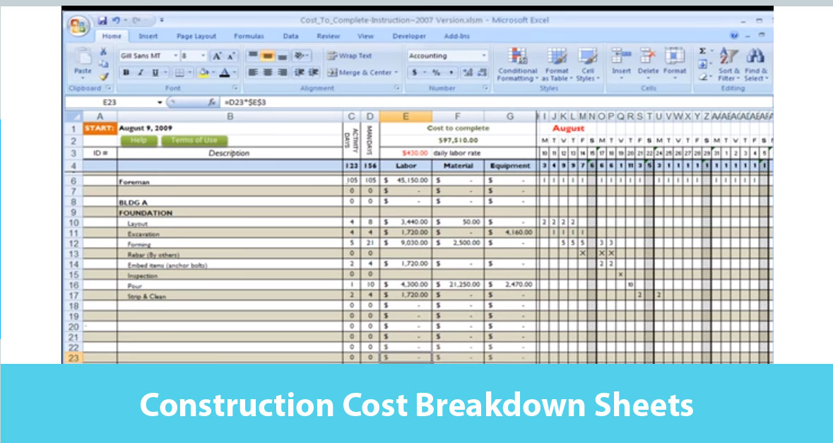 Construction Cost Breakdown Sheets