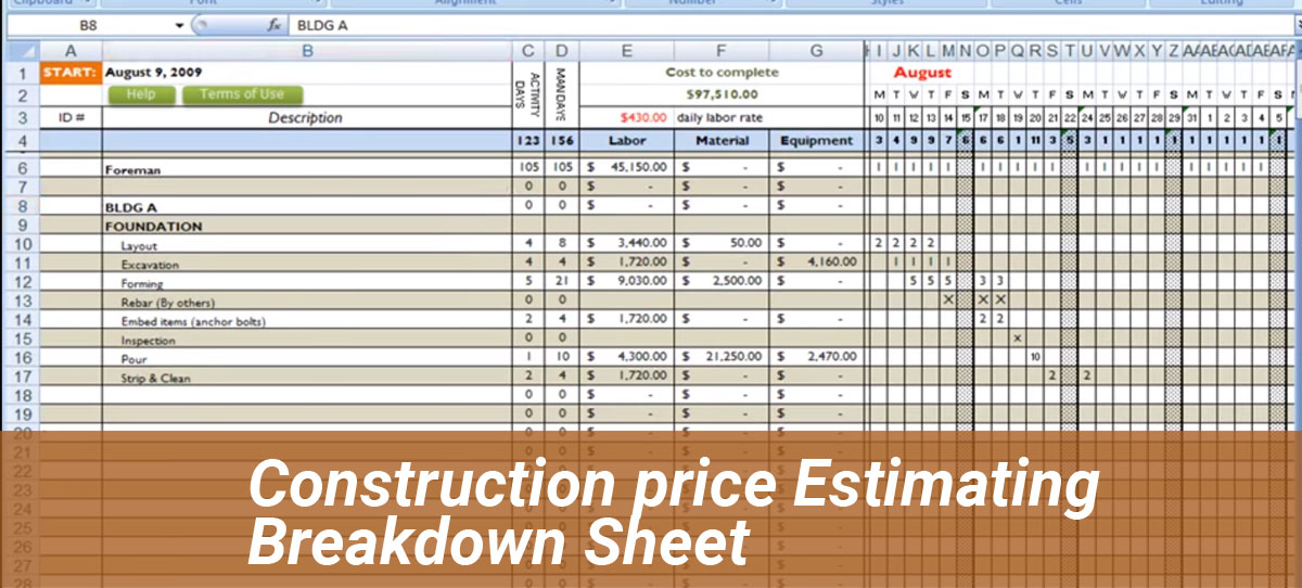 Construction price Estimating Breakdown Sheet