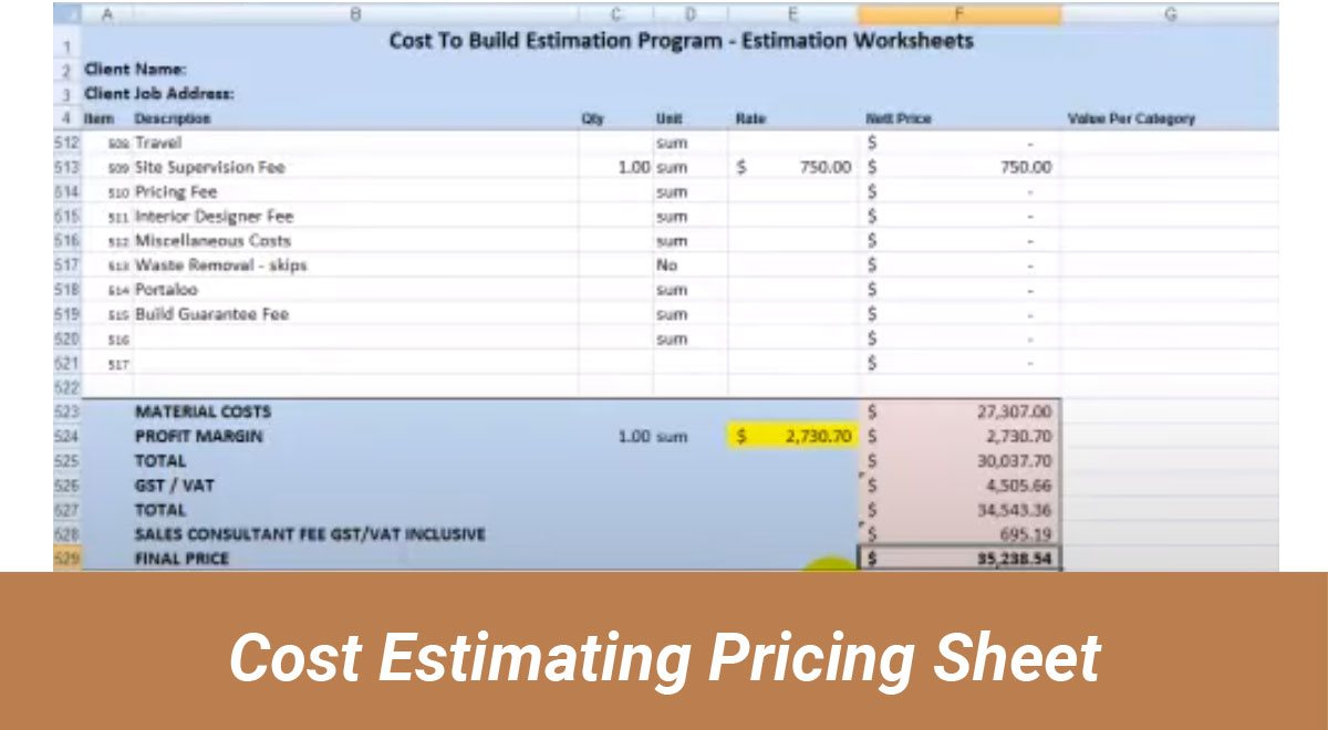 Cost Estimating Pricing Sheet